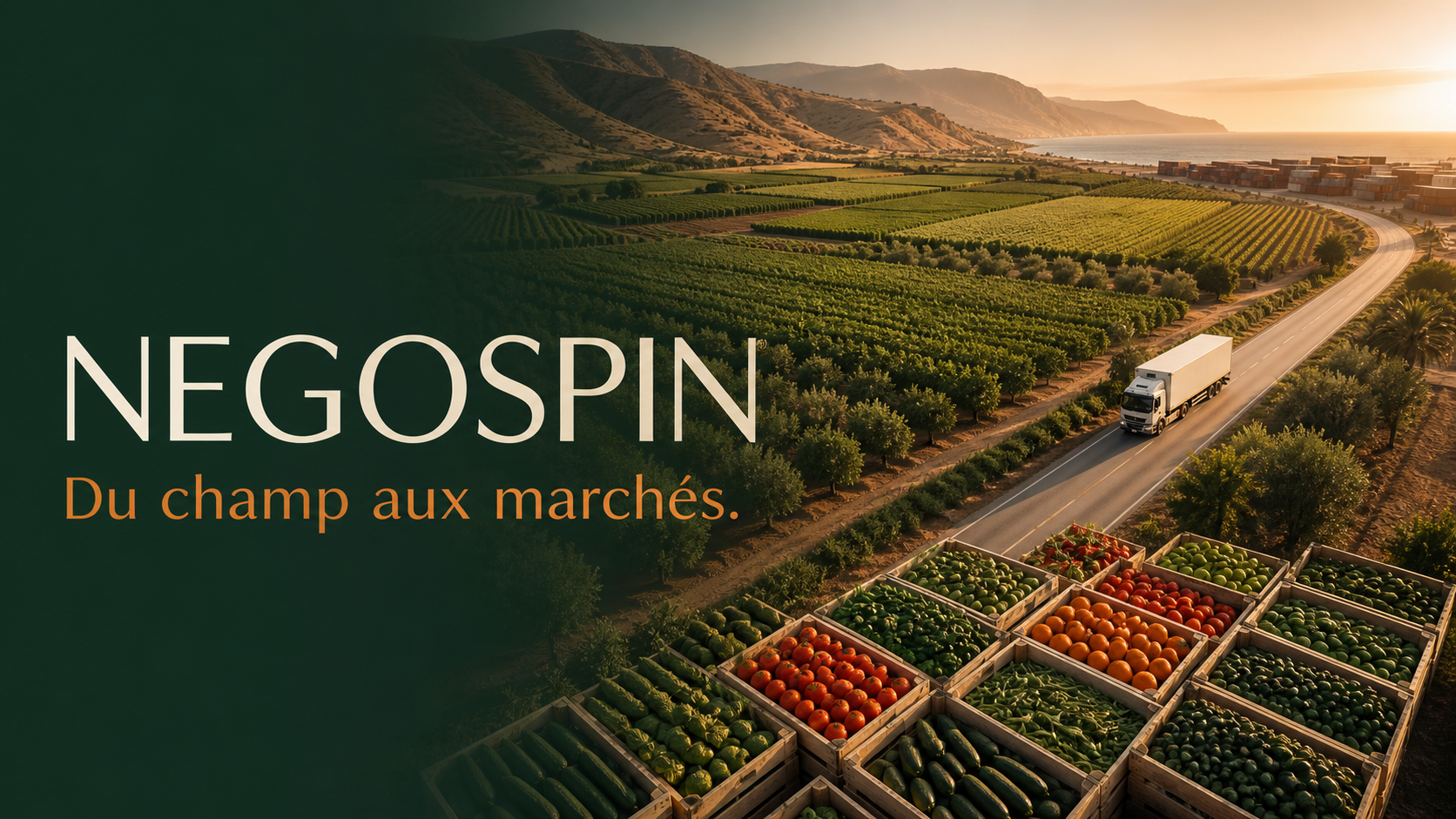 Paysage agricole, produits frais et transport logistique illustrant la spécialisation fruits et légumes de NEGOSPIN